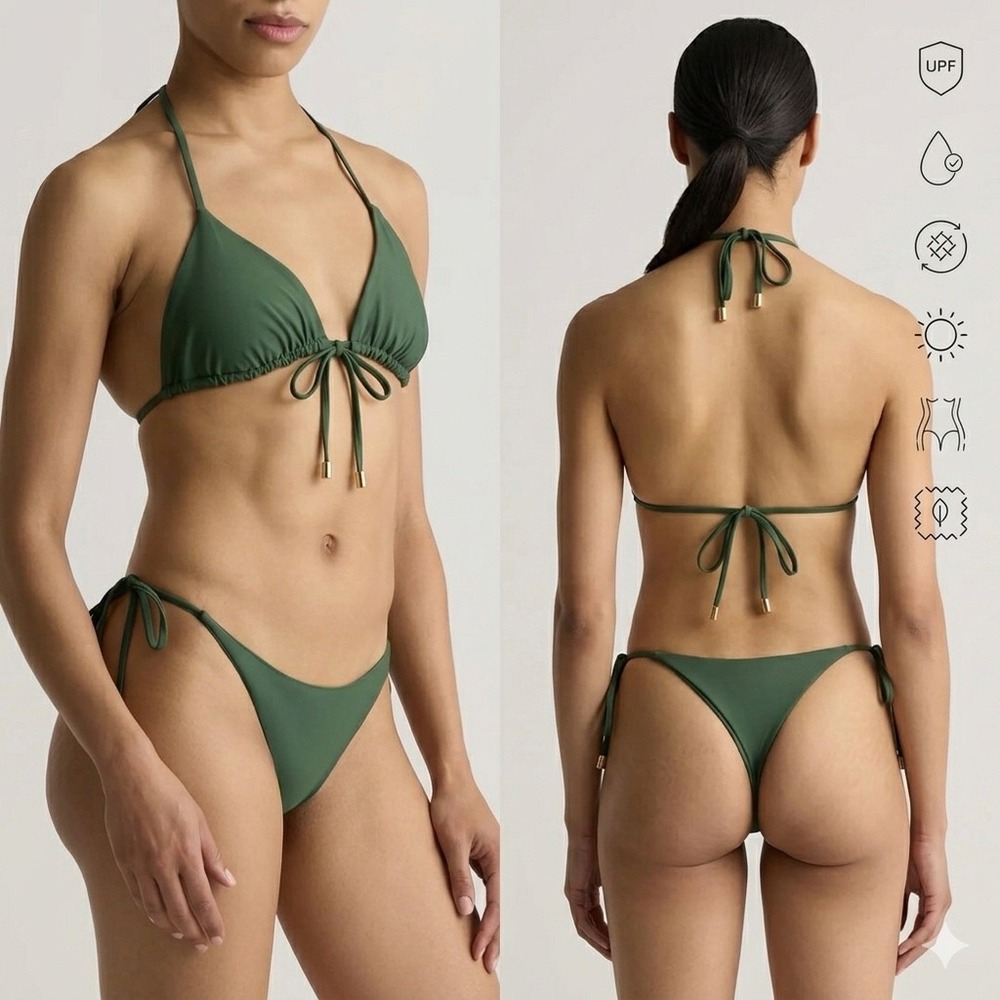 Quince Dark Olive Recycled Italian Fabric Triangle Bikini Set Size S NWT